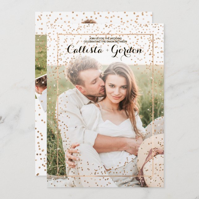 Gold Glitter Confetti Border Photo Collage Wedding Invitation (Front/Back)