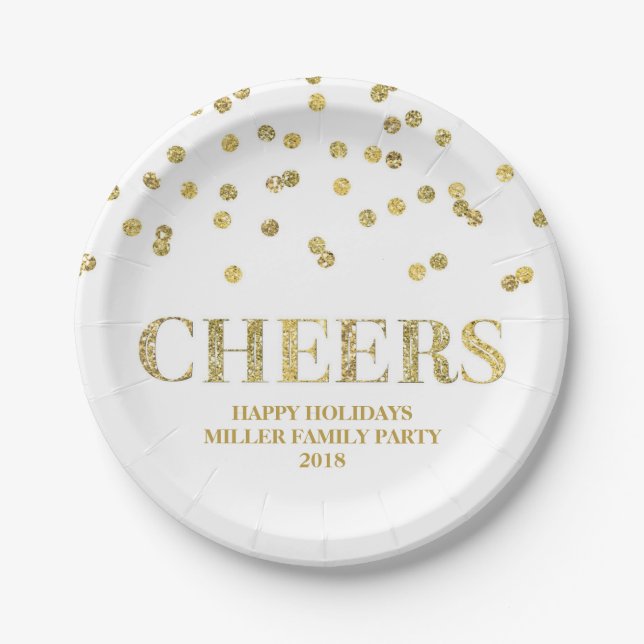 Gold Glitter Confetti Cheers Holiday Plate (Front)