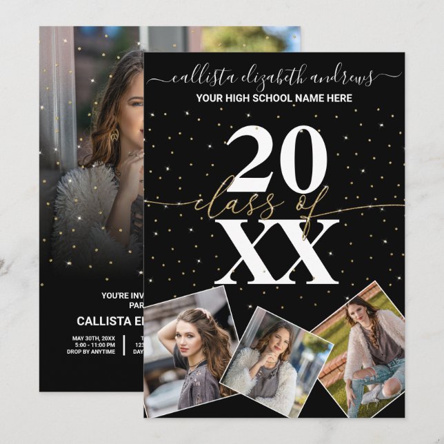 Gold Glitter Confetti Class of Graduation Photo Invitation (Front/Back)