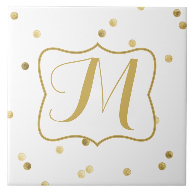 Gold Glitter Confetti Dot Monogram Display Tile (Front)