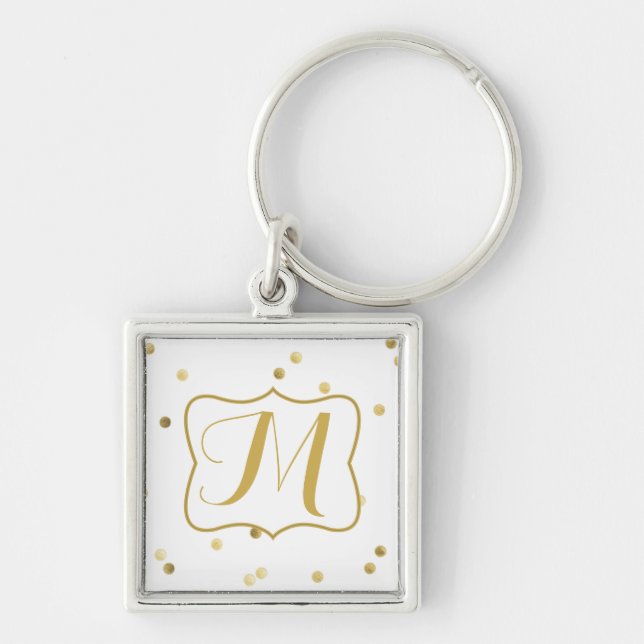 Gold Glitter Confetti Dot Polka Monogram Key Chain (Front)