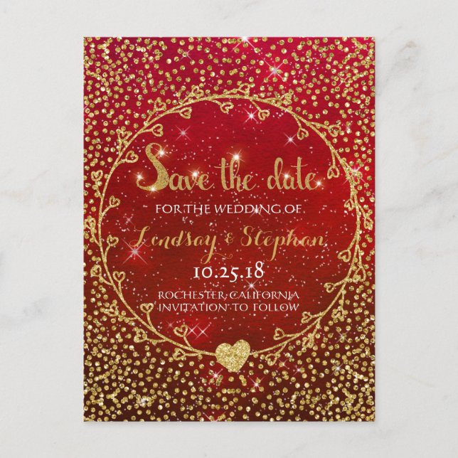 Gold Glitter Confetti Glam Red Save the Date Announcement Postcard (Front)