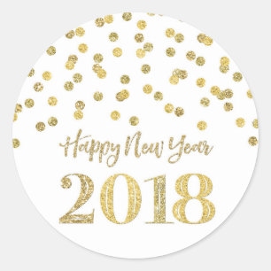 Gold Glitter Confetti Happy New Year 2018 Classic Round Sticker