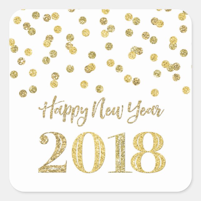 Gold Glitter Confetti Happy New Year 2018 Square Sticker (Front)