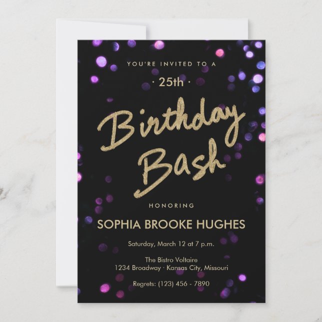 Gold Glitter & Confetti Lights Birthday Party Invitation (Front)
