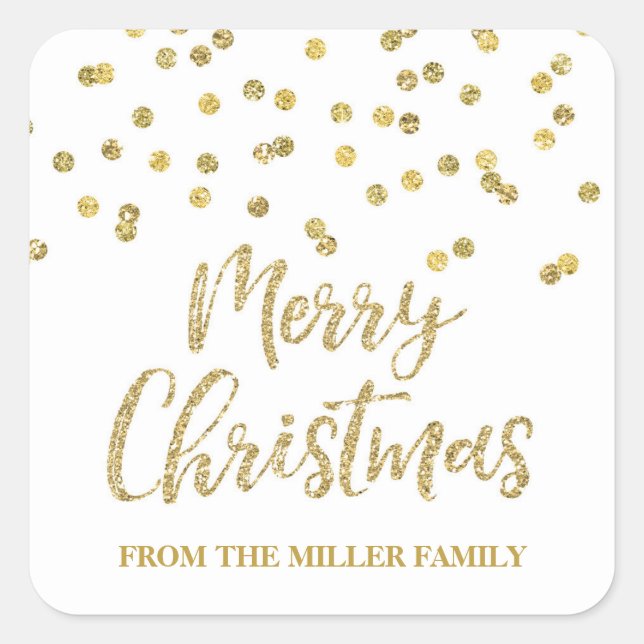 Gold Glitter Confetti Merry Christmas Custom Square Sticker (Front)