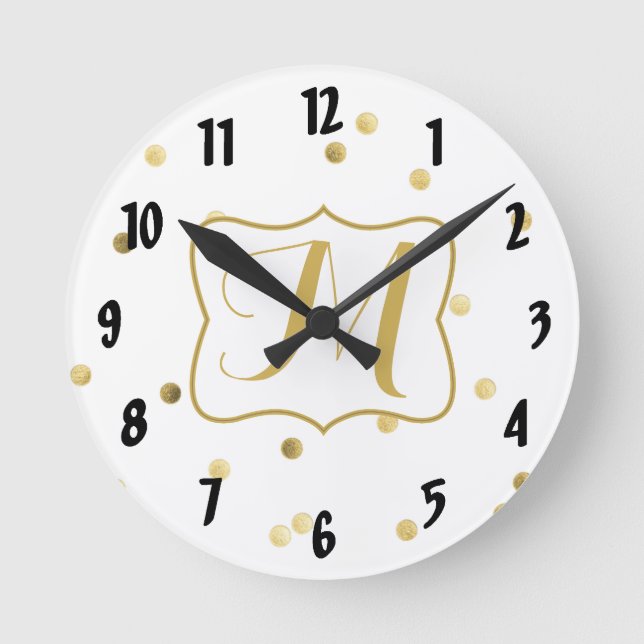 Gold Glitter Confetti Monogram Initial Wall Clock (Front)