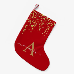Gold Glitter Confetti Monogrammed Script Name Red Small Christmas Stocking