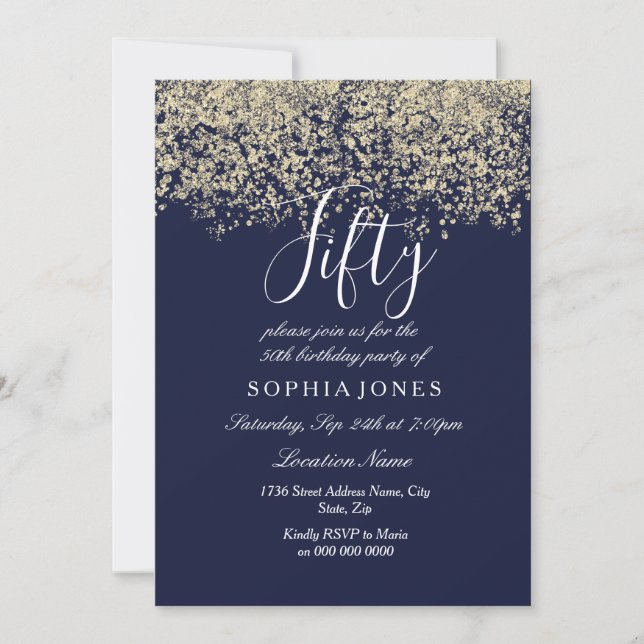 Gold Glitter Confetti Navy 50th birthday Invite (Front)