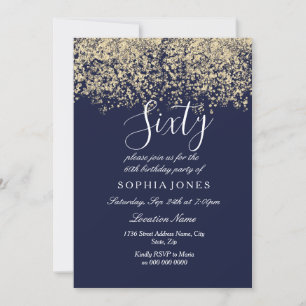 Gold Glitter Confetti Navy 60th birthday Invite