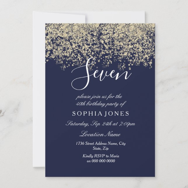 Gold Glitter Confetti Navy 7th birthday Invite (Front)