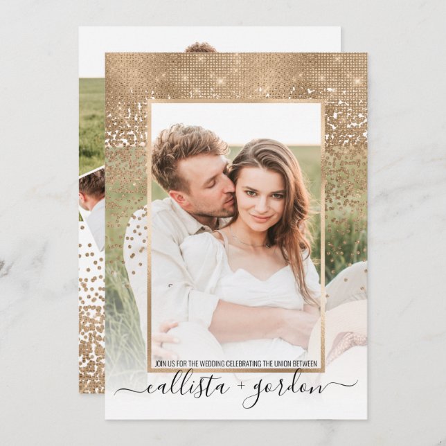 Gold Glitter Confetti Ombre Photo Collage Wedding Invitation (Front/Back)