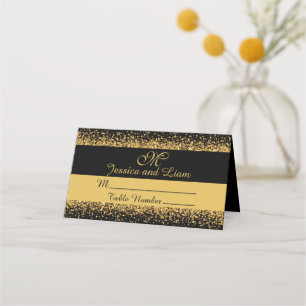 Gold Glitter Confetti on a Black Background Place Card