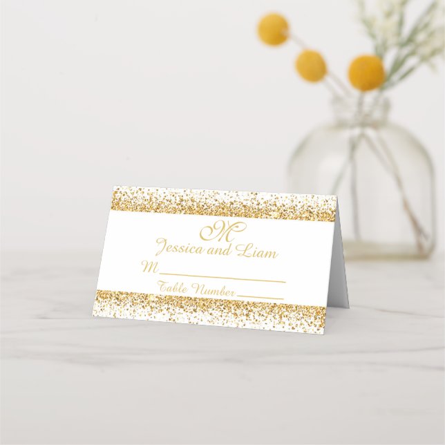 Gold Glitter Confetti on a White Background Place Card (Front)