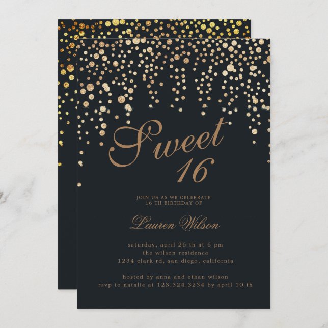 gold glitter confetti on black sweet sixteen invitation (Front/Back)