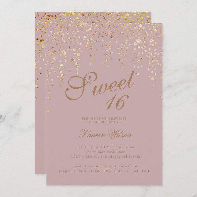 gold glitter confetti on blush sweet sixteen invitation (Front/Back)