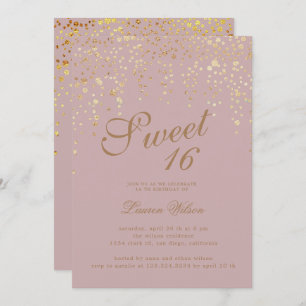 gold glitter confetti on blush sweet sixteen invitation