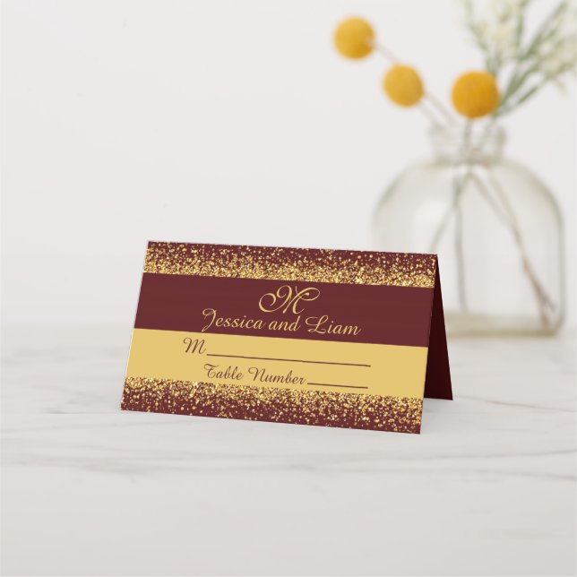 Gold Glitter Confetti on Burgundy Background Place Card (Front)