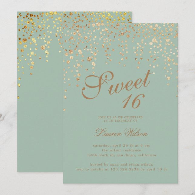 gold glitter confetti on green sweet sixteen invitation (Front/Back)