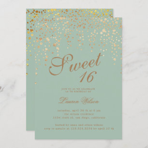 gold glitter confetti on green sweet sixteen invitation