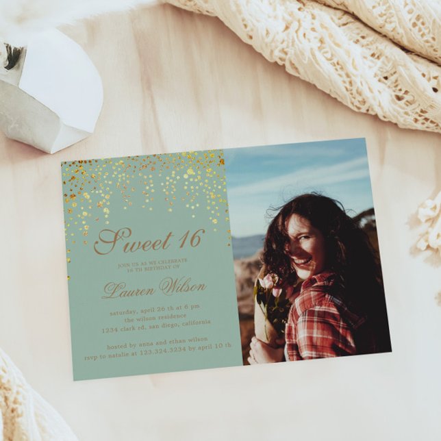 Gold Glitter Confetti On Green Sweet Sixteen Photo Invitation (Creator Uploaded)