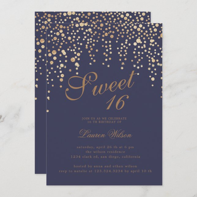 gold glitter confetti on lavender sweet sixteen invitation (Front/Back)