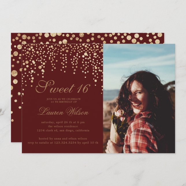 gold glitter confetti on red sweet sixteen Photo Invitation (Front/Back)