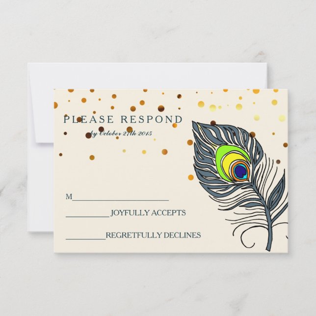 Gold Glitter Confetti Peacock Feather Blue RSVP (Front)