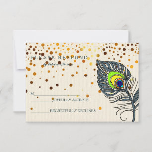 Gold Glitter Confetti Peacock Feather Blue RSVP