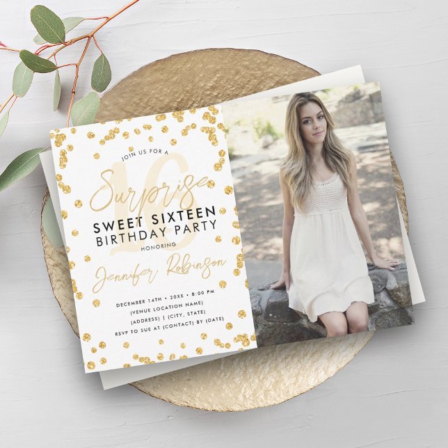 Gold Glitter Confetti Photo Surprise Sweet 16  Invitation (Gold Glitter Confetti Photo Surprise Sweet 16 Invitation)