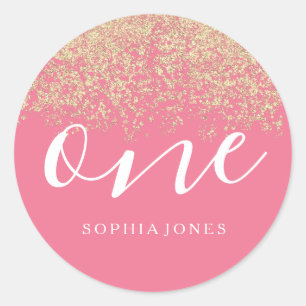 Gold Glitter Confetti pink 1st birthday party Classic Round Sticker