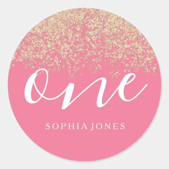 Gold Glitter Confetti pink 1st birthday party Classic Round Sticker (Front)