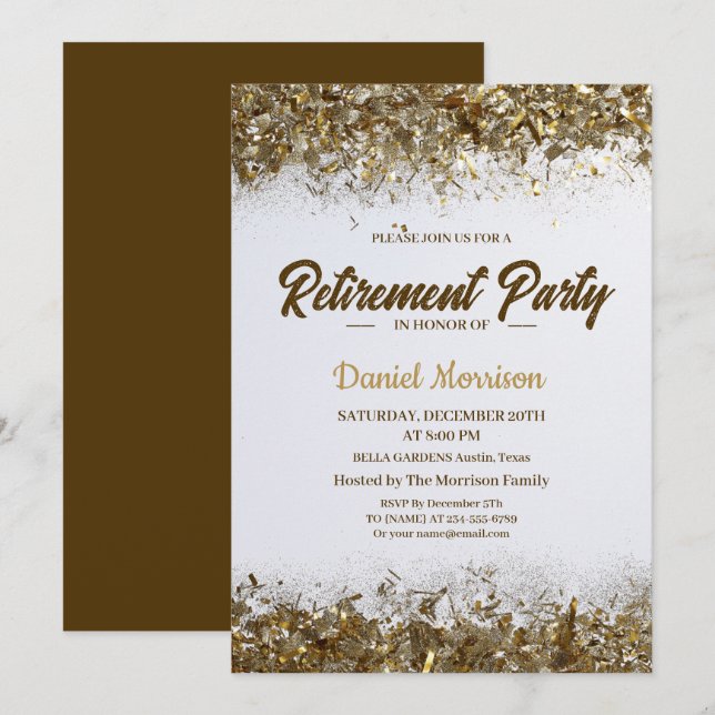 Gold Glitter Confetti Retirement Party 2024 Invitation (Front/Back)