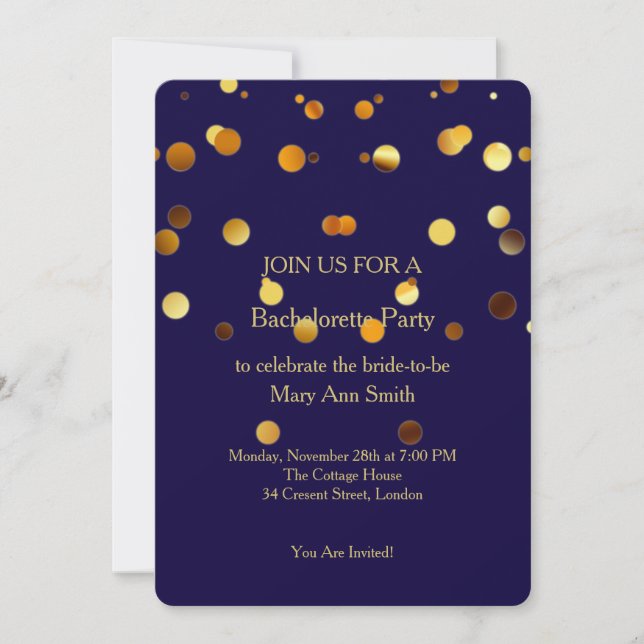 Gold Glitter Confetti Sparkles Blue Bachelorette Invitation (Front)