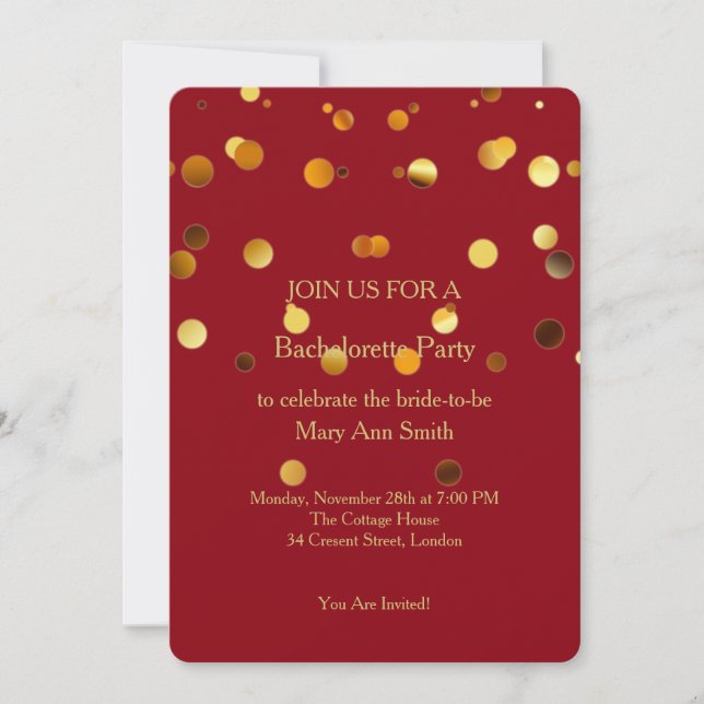Gold Glitter Confetti Sparkles Red Bachelorette Invitation (Front)
