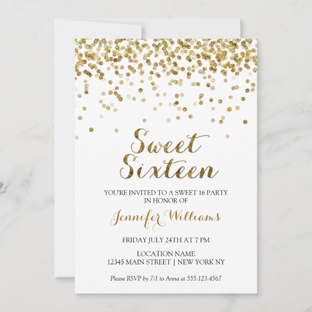 Gold Glitter Confetti Sweet Sixteen 16 Invitation (Front)