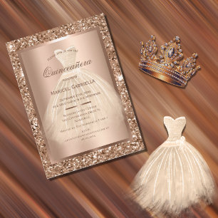 Gold Glitter Copper Elegant Dress Quinceañera Invitation