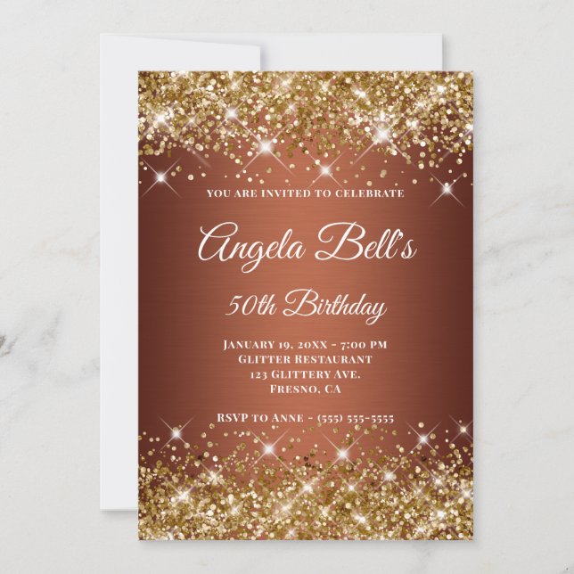 Gold Glitter Copper Ombre Fancy Monogram Invitation (Front)