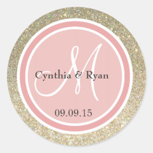 Gold Glitter & Coral Pink Wedding Monogram Classic Round Sticker