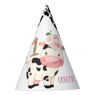 Gold Glitter Cow Print First Birthday Party Hat
