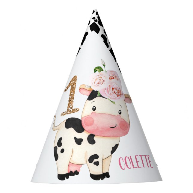 Gold Glitter Cow Print First Birthday Party Hat (Front)