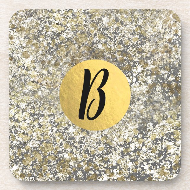 Gold Glitter Crackle Modern Chic Glam Sparkle Coaster (Front)