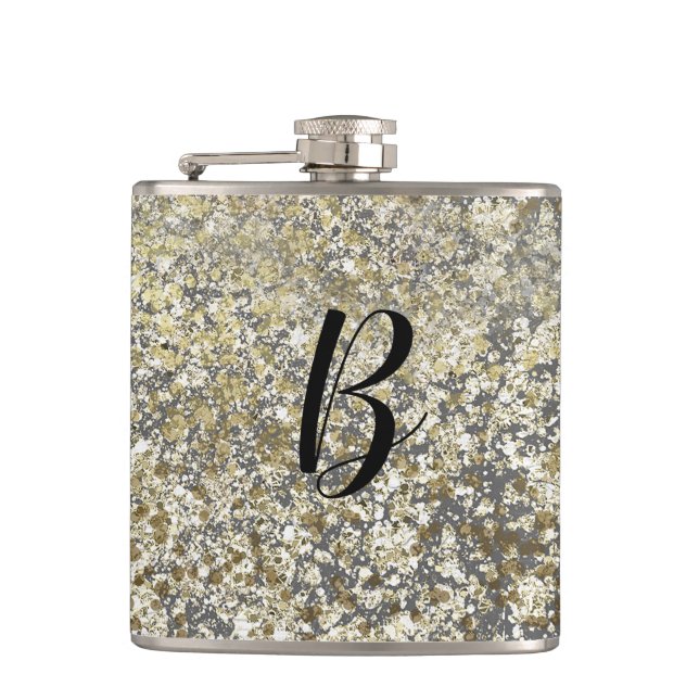 Gold Glitter Crackle Modern Chic Glam Sparkle Hip Flask (Front)