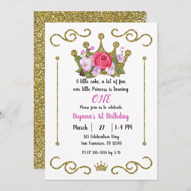 Gold Glitter Crown Floral 1 ONE 1st Birthday Party Invitation (Front/Back)