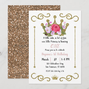 Gold Glitter Crown Floral 1 ONE 1st Birthday Party Invitation