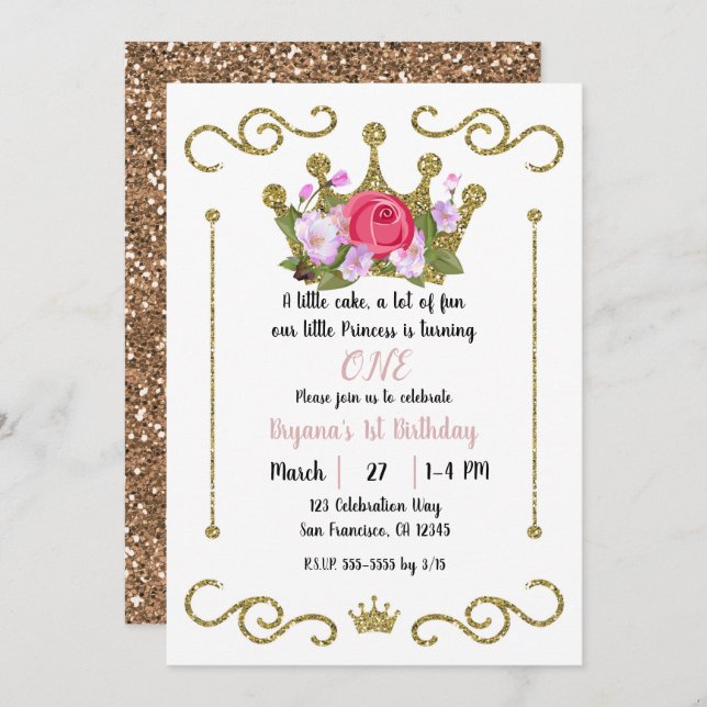 Gold Glitter Crown Floral 1 ONE 1st Birthday Party Invitation (Front/Back)