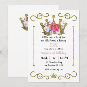 Gold Glitter Crown Floral 1 ONE 1st Birthday Party Invitation
