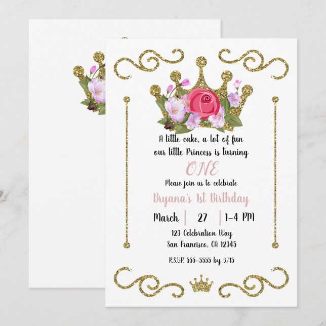 Gold Glitter Crown Floral 1 ONE 1st Birthday Party Invitation (Front/Back)