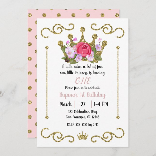 Gold Glitter Crown Floral Dots 1 ONE 1st Birthday Invitation (Front/Back)