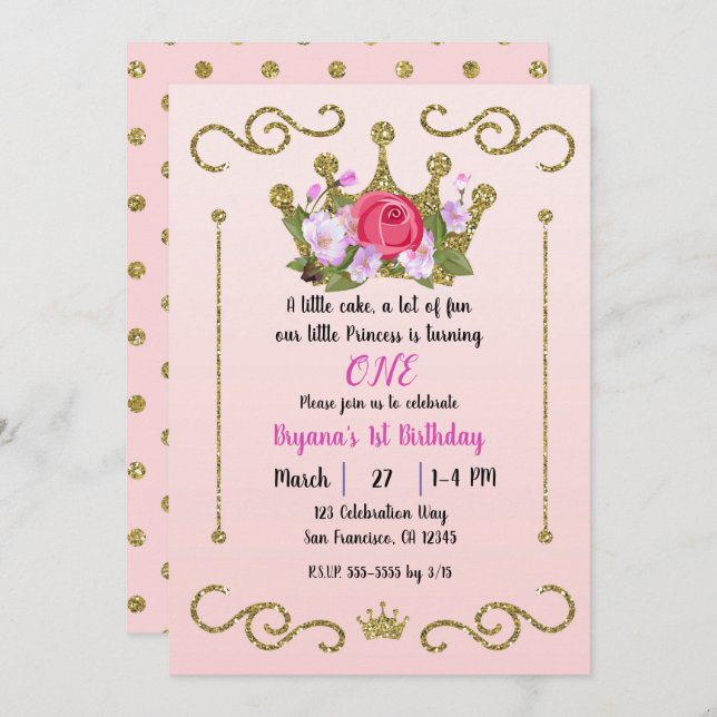 Gold Glitter Crown Floral Dots Pink 1st Birthday Invitation (Front/Back)